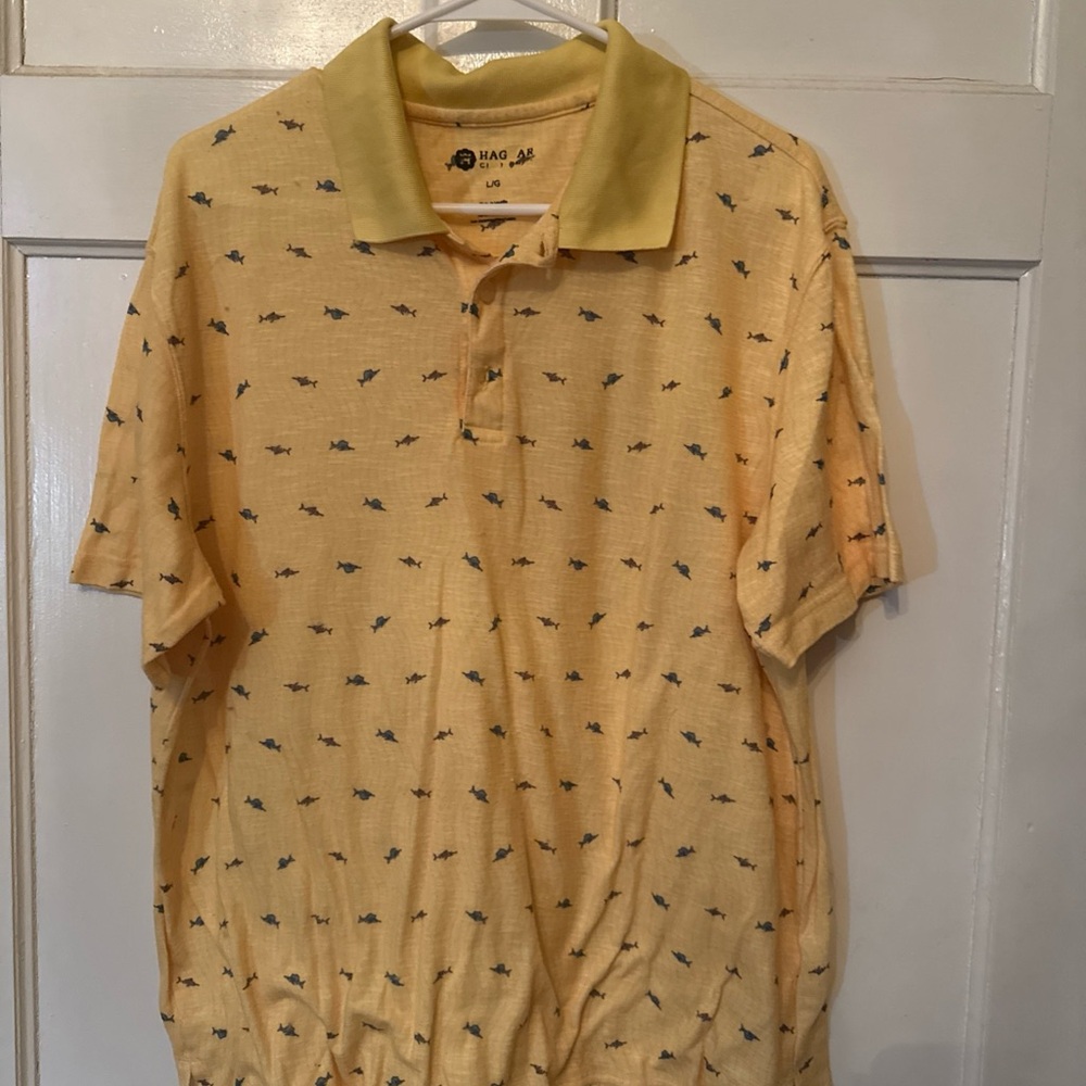 Haggar Clothing Men's Yellow Fish Short Sleeve Polo Shirt Size L